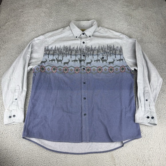 Aztec Tribal Print Cabela's Chamois Natural Print Deer Button Up Western Xl Vtg - Picture 1 of 9